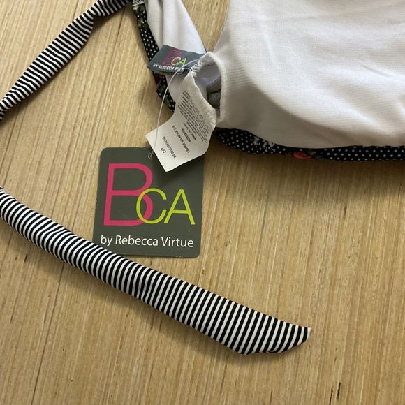 BCA by Rebecca Virtue Black Polka Dot Flowers Stripes Bikini Top Large New - Picture 2 of 3